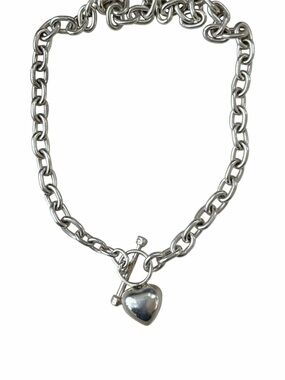 Vintage Heavy Sterling Heart T Bar Toggle Chunky Silver Chain Necklace Y2K